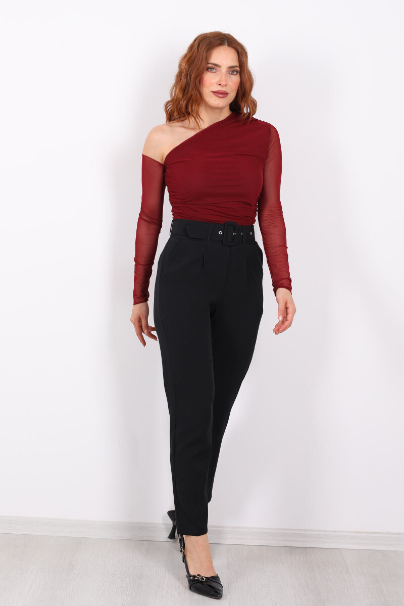 Kemerli Siyah Kadın Kumaş Pantolon - 3