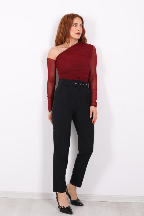 Kemerli Siyah Kadın Kumaş Pantolon - 6