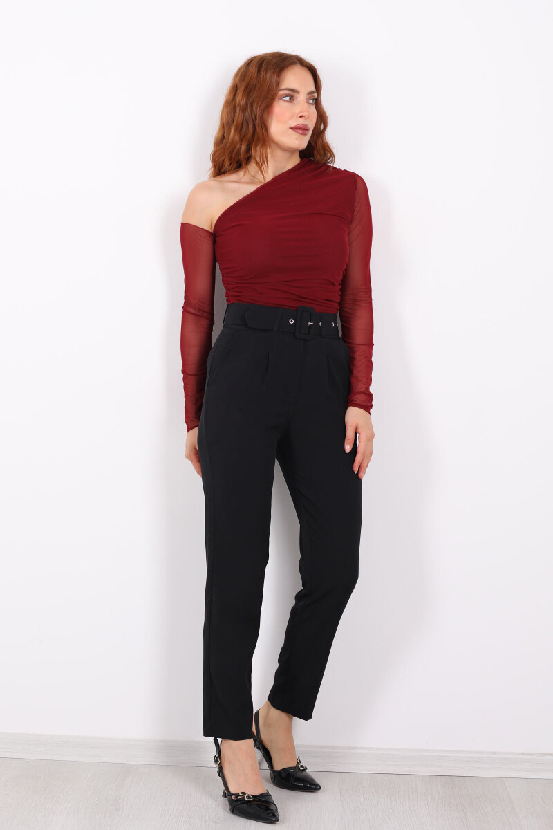 Kemerli Siyah Kadın Kumaş Pantolon - 6