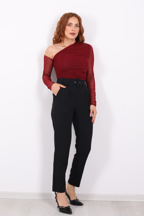 Kemerli Siyah Kadın Kumaş Pantolon - Berox