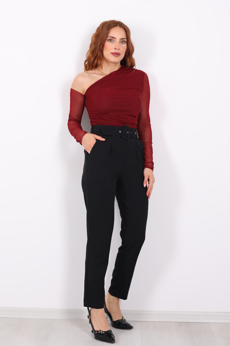 Kemerli Siyah Kadın Kumaş Pantolon - 1