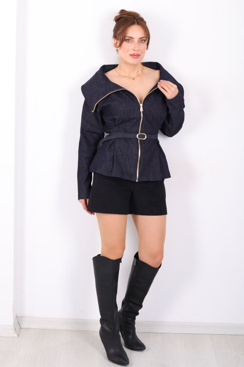 Kemerli Yaka Ve Pileli Kadın Lacivert Denim Fermuarlı Gömlek - 4