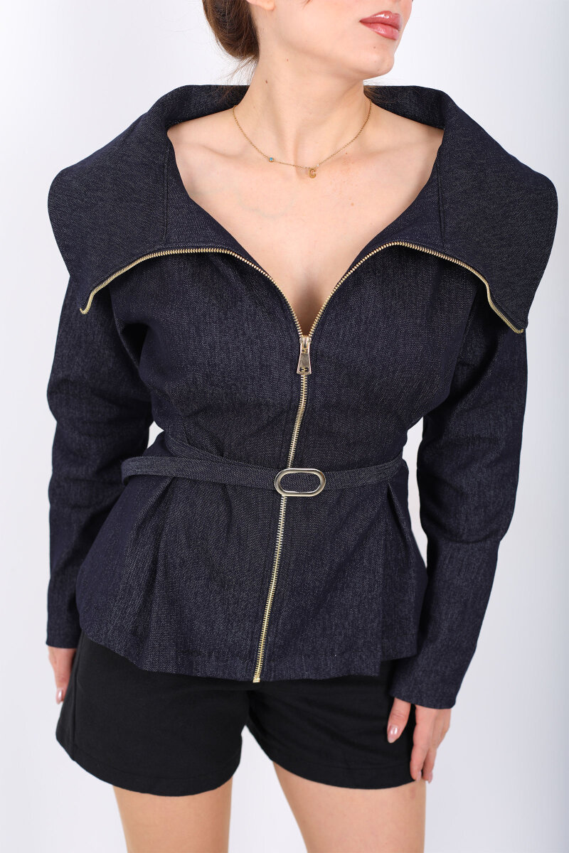 Kemerli Yaka Ve Pileli Kadın Lacivert Denim Fermuarlı Gömlek - 2