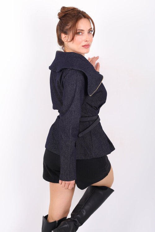 Kemerli Yaka Ve Pileli Kadın Lacivert Denim Fermuarlı Gömlek - 6