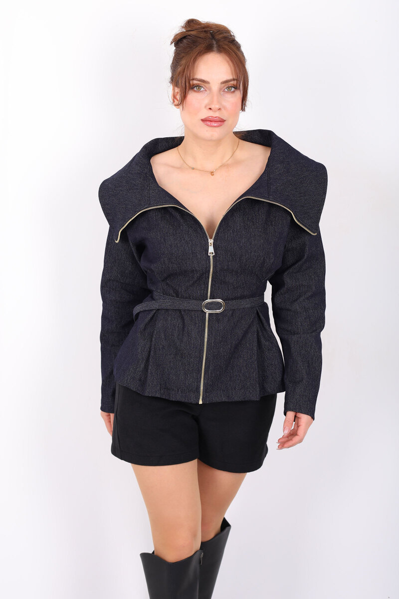 Kemerli Yaka Ve Pileli Kadın Lacivert Denim Fermuarlı Gömlek - 7