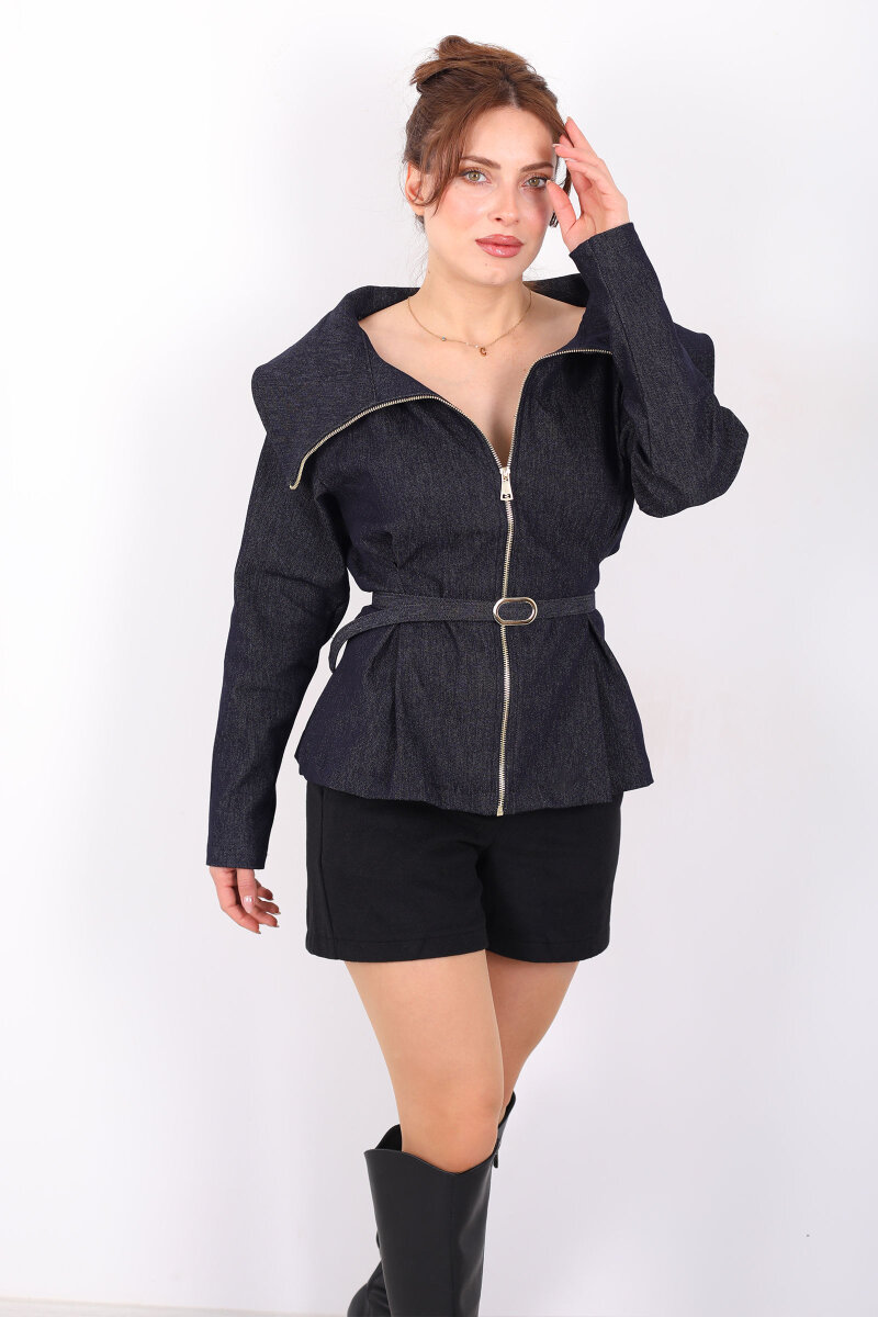 Kemerli Yaka Ve Pileli Kadın Lacivert Denim Fermuarlı Gömlek - 3