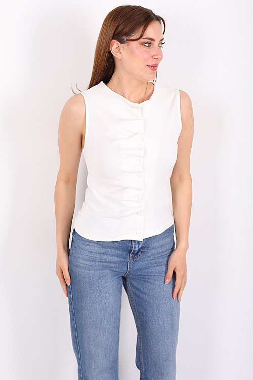 Kendinden Büzgülü Düğmeli Ekru Kadın Bluz - 3