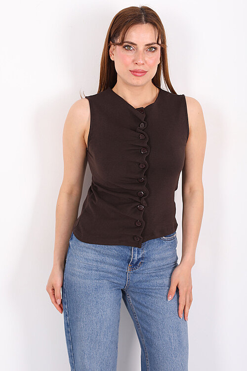 Kendinden Büzgülü Düğmeli Kahverengi Kadın Bluz - 3