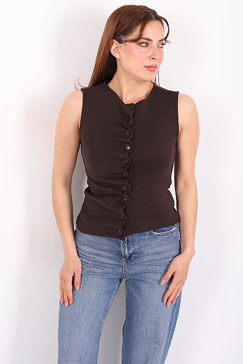 Kendinden Büzgülü Düğmeli Kahverengi Kadın Bluz - 6