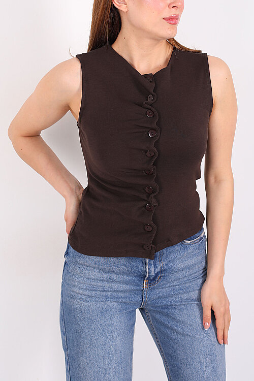 Kendinden Büzgülü Düğmeli Kahverengi Kadın Bluz - Berox (1)