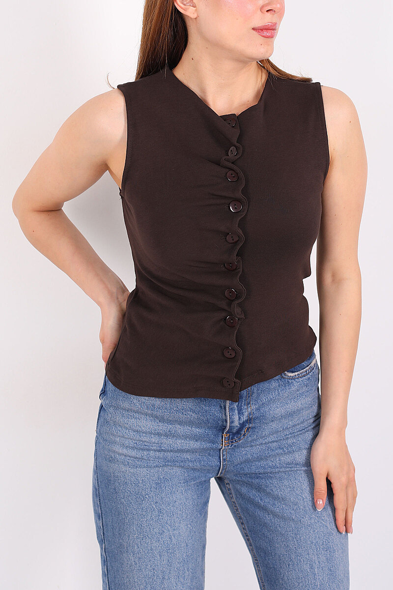 Kendinden Büzgülü Düğmeli Kahverengi Kadın Bluz - 2