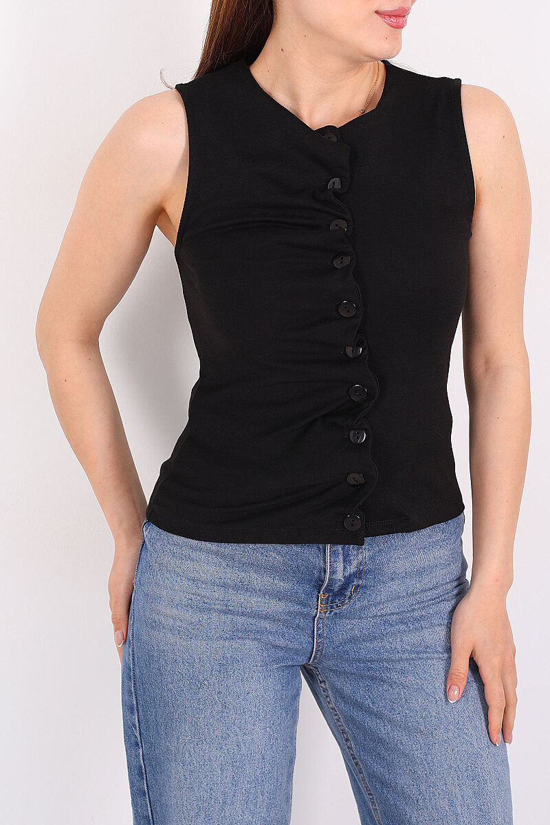 Kendinden Büzgülü Düğmeli Siyah Kadın Bluz - 2