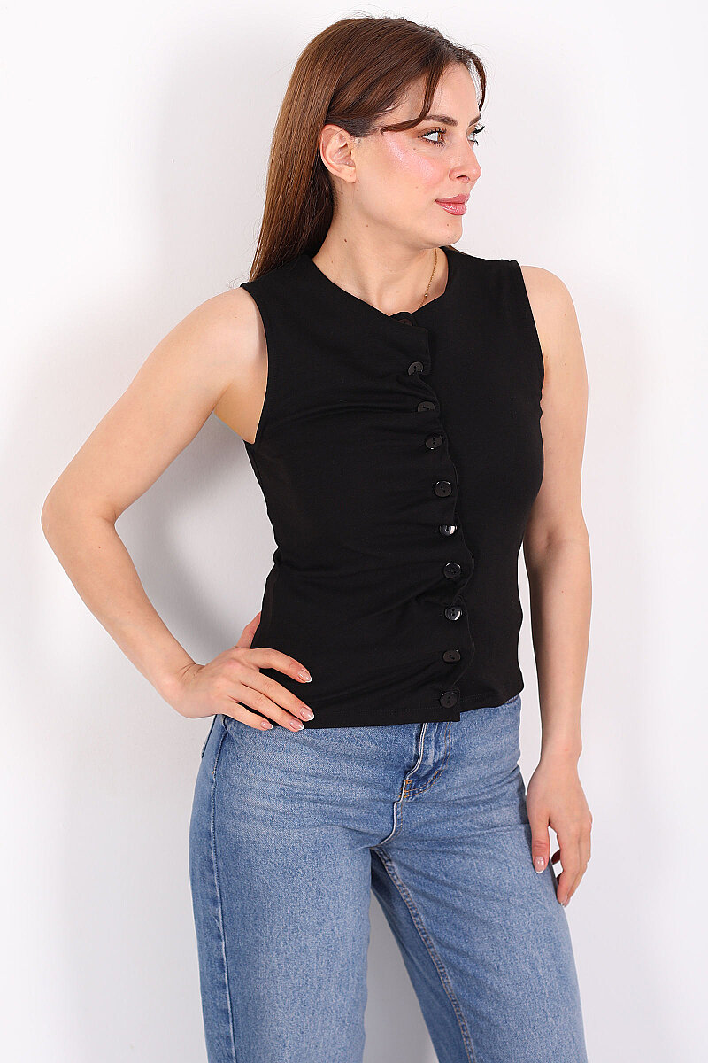 Kendinden Büzgülü Düğmeli Siyah Kadın Bluz - 1