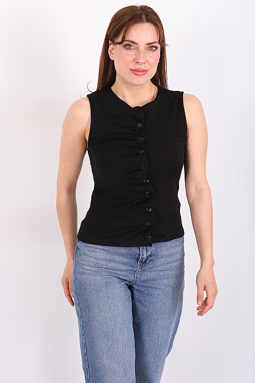 Kendinden Büzgülü Düğmeli Siyah Kadın Bluz - 3