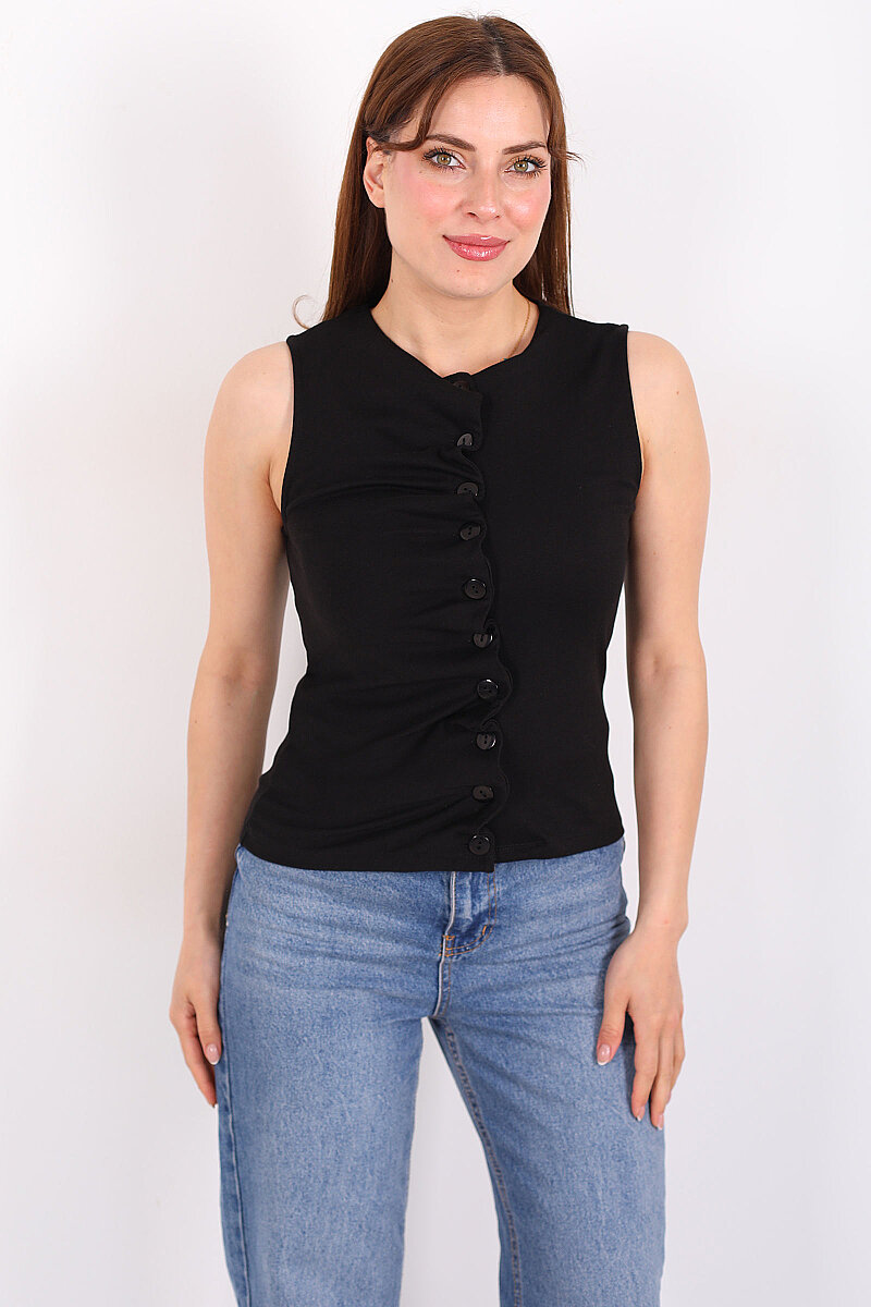 Kendinden Büzgülü Düğmeli Siyah Kadın Bluz - 5