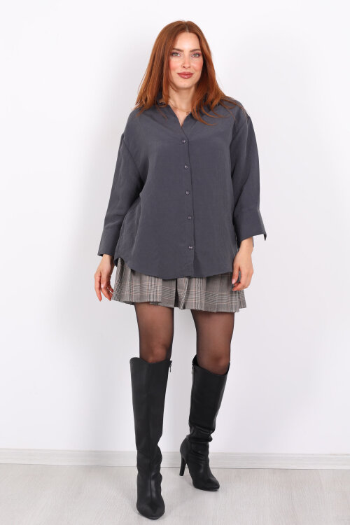 Kendinden Çizgili Kapri Kol Antrasit Kadın Gömlek - 6