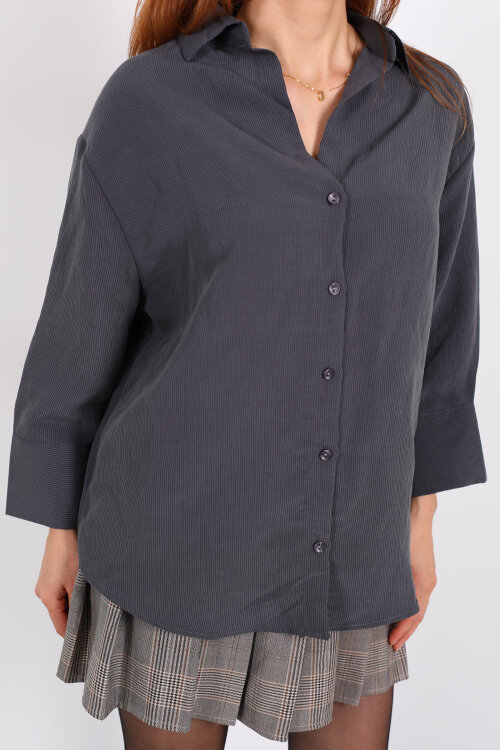 Kendinden Çizgili Kapri Kol Antrasit Kadın Gömlek - Berox (1)