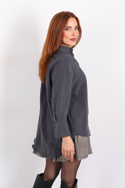 Kendinden Çizgili Kapri Kol Antrasit Kadın Gömlek - 5