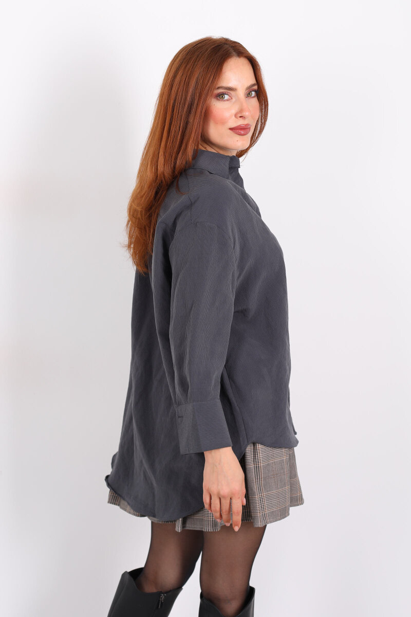 Kendinden Çizgili Kapri Kol Antrasit Kadın Gömlek - 5