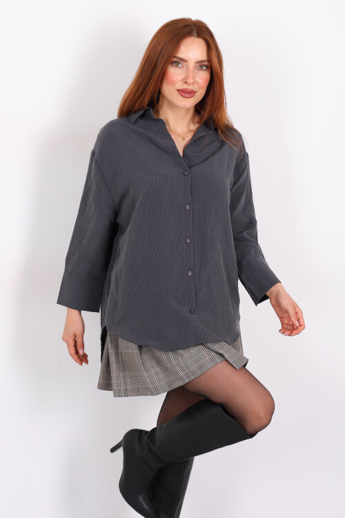 Kendinden Çizgili Kapri Kol Antrasit Kadın Gömlek - 4