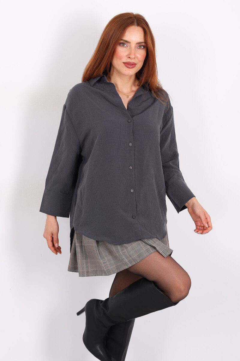 Kendinden Çizgili Kapri Kol Antrasit Kadın Gömlek - 4