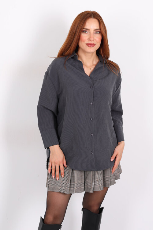 Kendinden Çizgili Kapri Kol Antrasit Kadın Gömlek - Berox