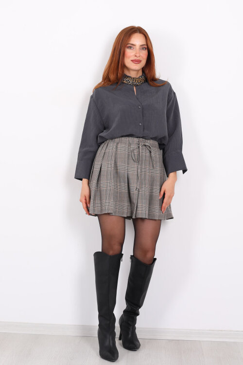 Kendinden Çizgili Kapri Kol Antrasit Kadın Gömlek - 3