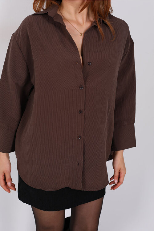 Kendinden Çizgili Kapri Kol Kahverengi Kadın Gömlek - Berox (1)