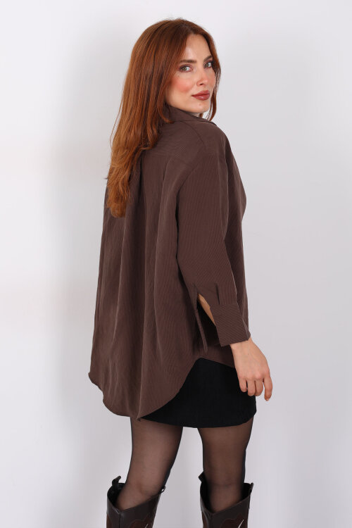 Kendinden Çizgili Kapri Kol Kahverengi Kadın Gömlek - 5