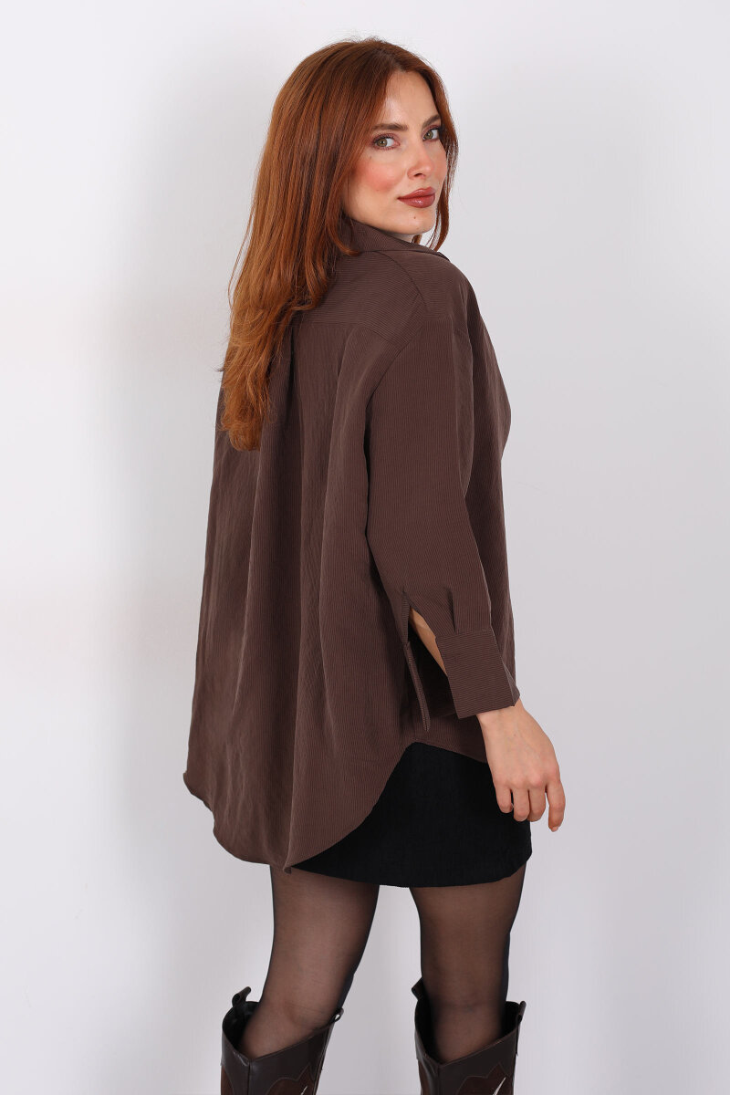Kendinden Çizgili Kapri Kol Kahverengi Kadın Gömlek - 5
