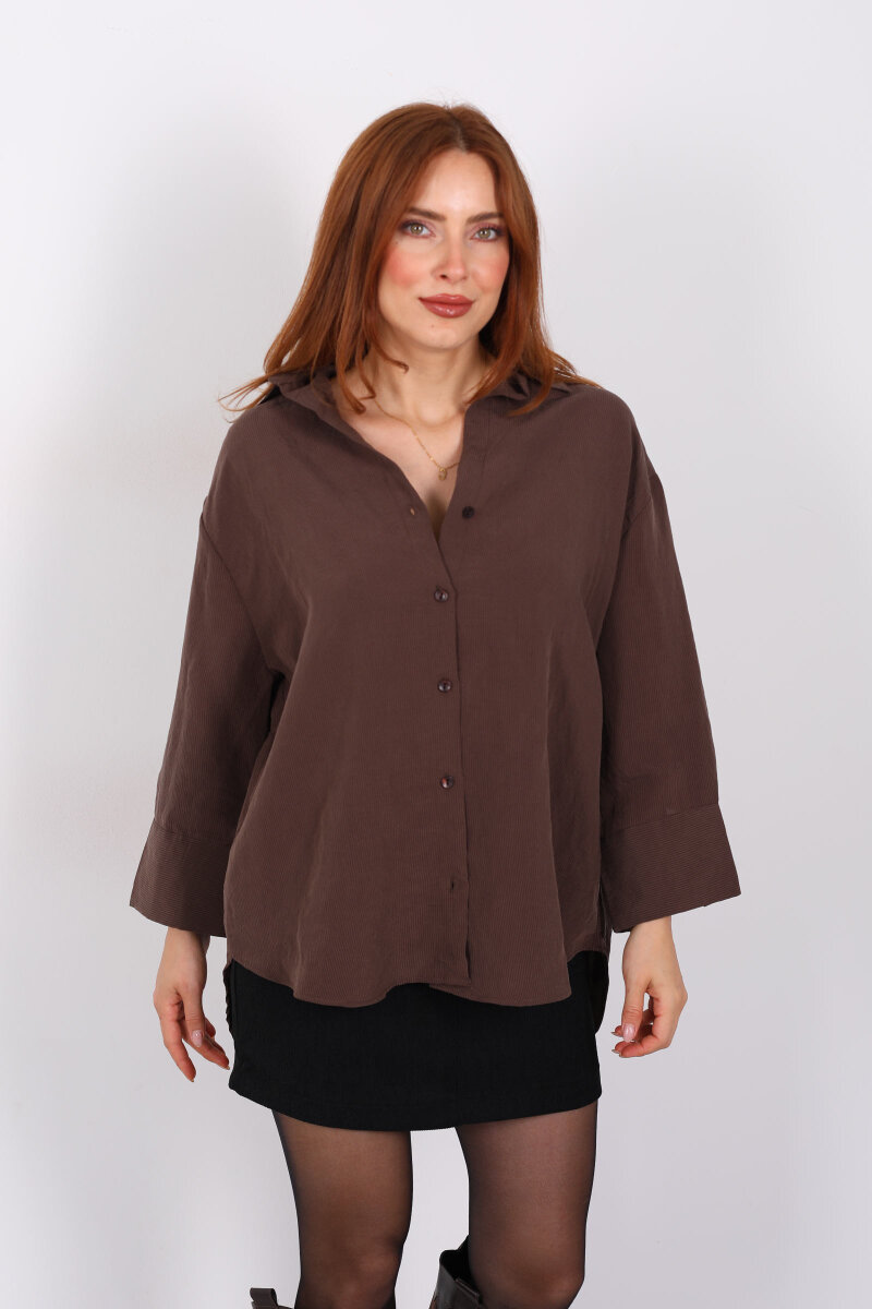 Kendinden Çizgili Kapri Kol Kahverengi Kadın Gömlek - 4