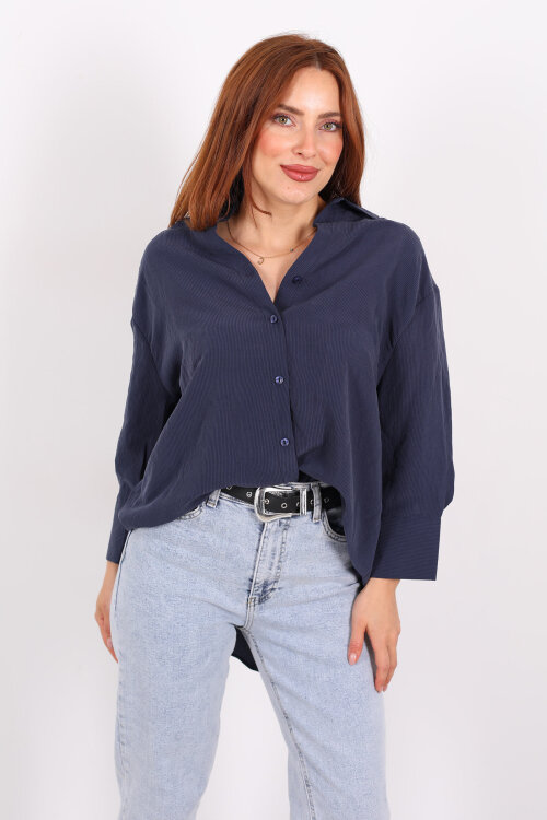 Kendinden Çizgili Kapri Kol Lacivert Kadın Gömlek - 4