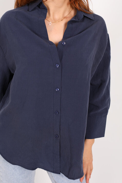 Kendinden Çizgili Kapri Kol Lacivert Kadın Gömlek - Berox (1)