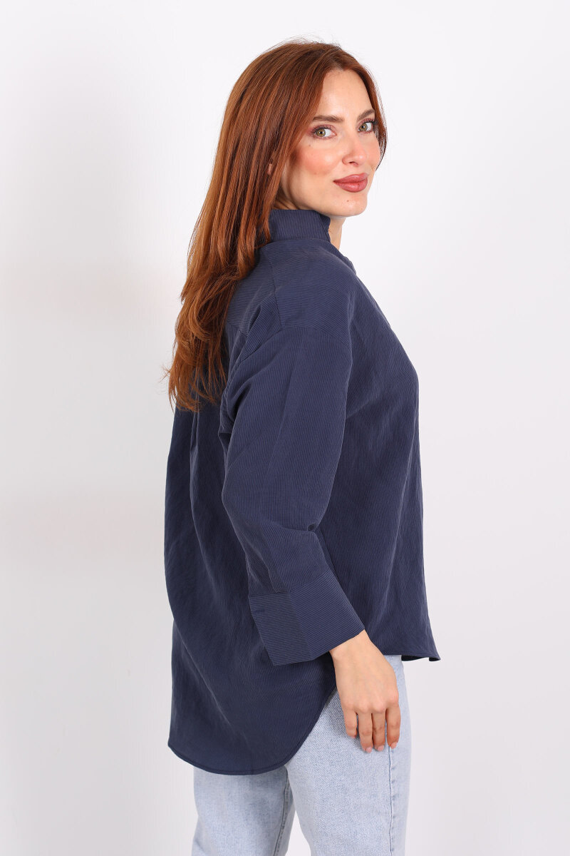 Kendinden Çizgili Kapri Kol Lacivert Kadın Gömlek - 5