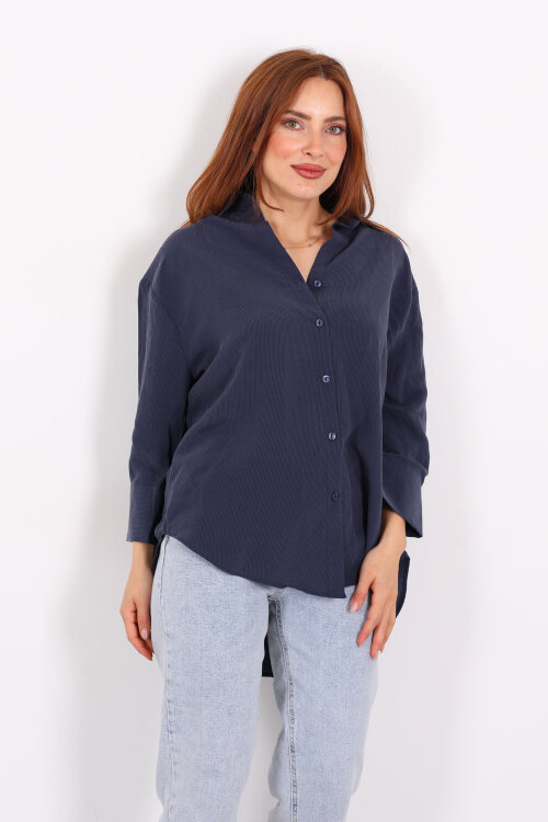 Kendinden Çizgili Kapri Kol Lacivert Kadın Gömlek - 3