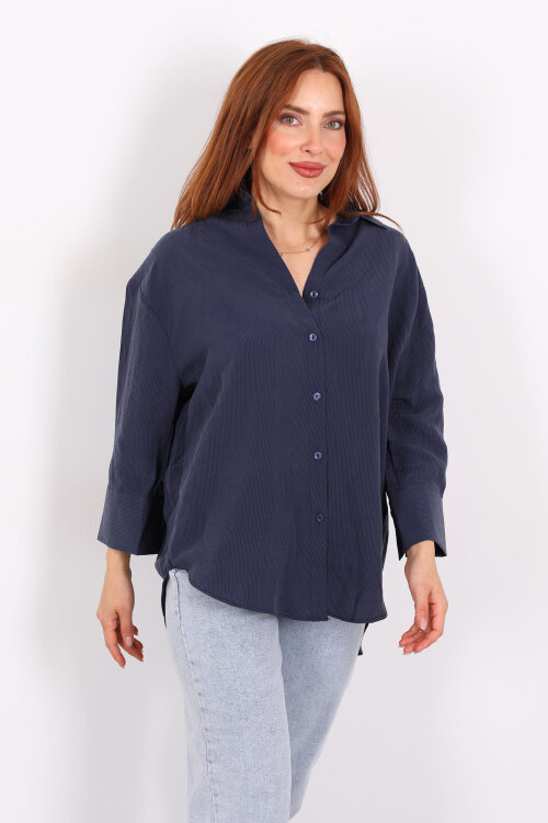 Kendinden Çizgili Kapri Kol Lacivert Kadın Gömlek - 6