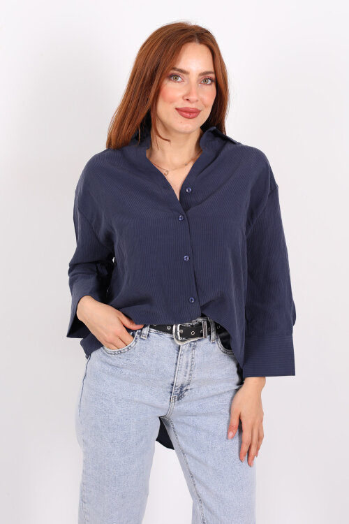 Kendinden Çizgili Kapri Kol Lacivert Kadın Gömlek - Berox