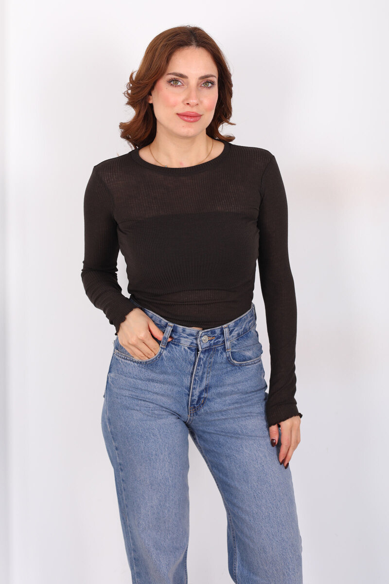 Kendinden Fitilli Acı Kahve Kadın Transparan Bluz - 3