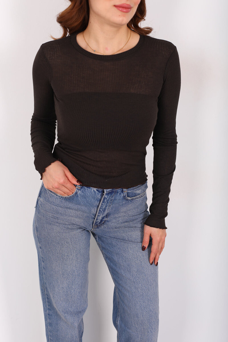 Kendinden Fitilli Acı Kahve Kadın Transparan Bluz - 2