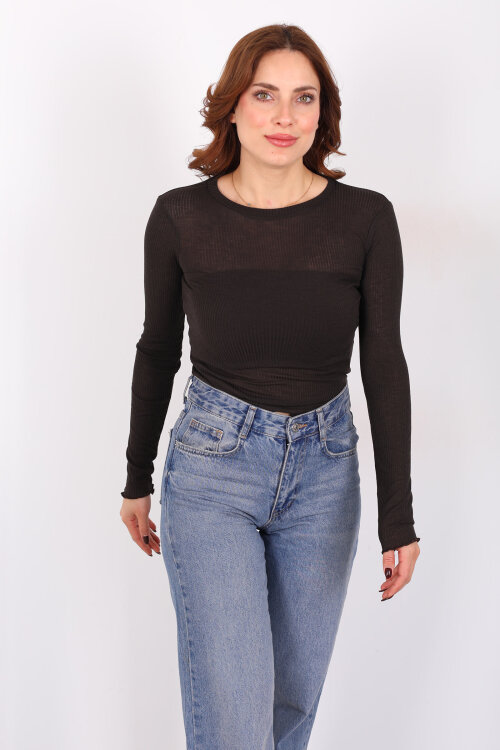 Kendinden Fitilli Acı Kahve Kadın Transparan Bluz - 5