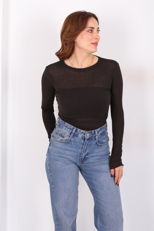 Kendinden Fitilli Acı Kahve Kadın Transparan Bluz 