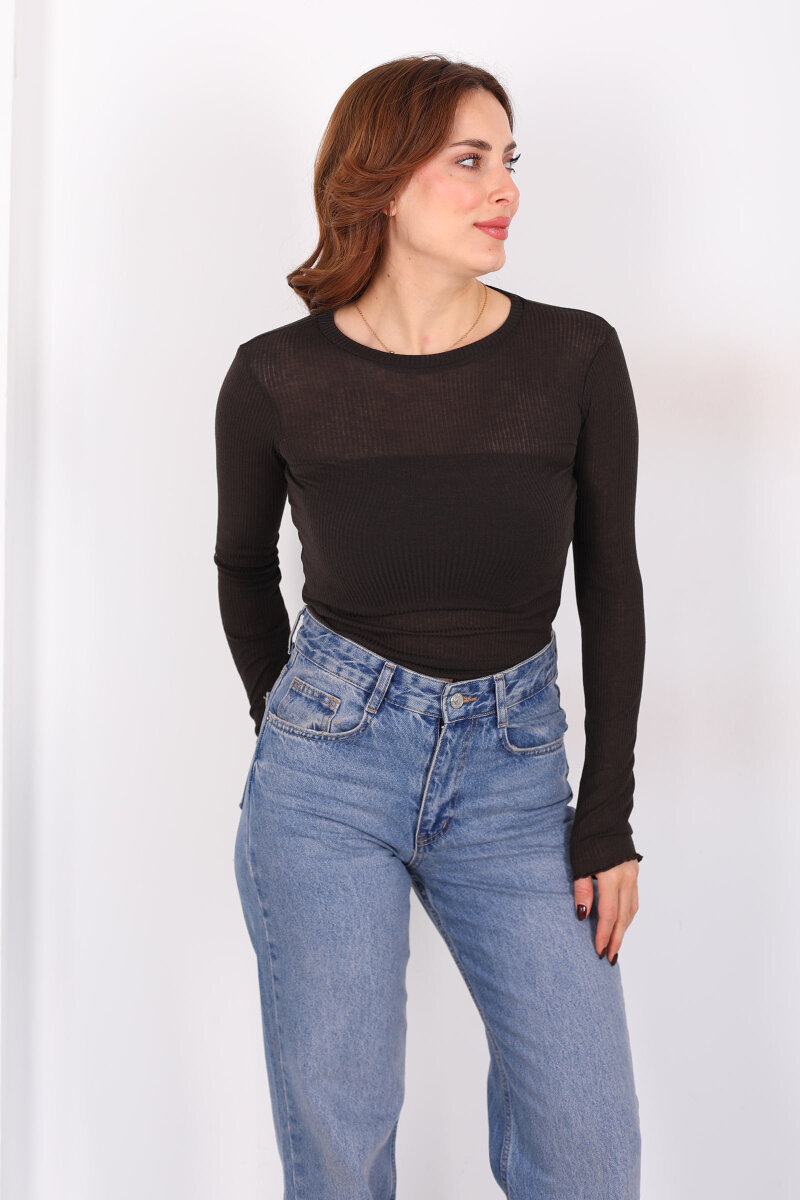 Kendinden Fitilli Acı Kahve Kadın Transparan Bluz - 1