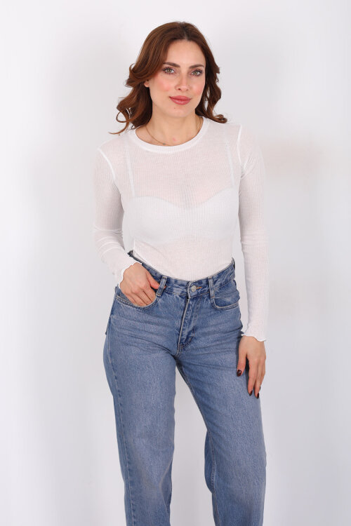 Kendinden Fitilli Beyaz Kadın Transparan Bluz - 3