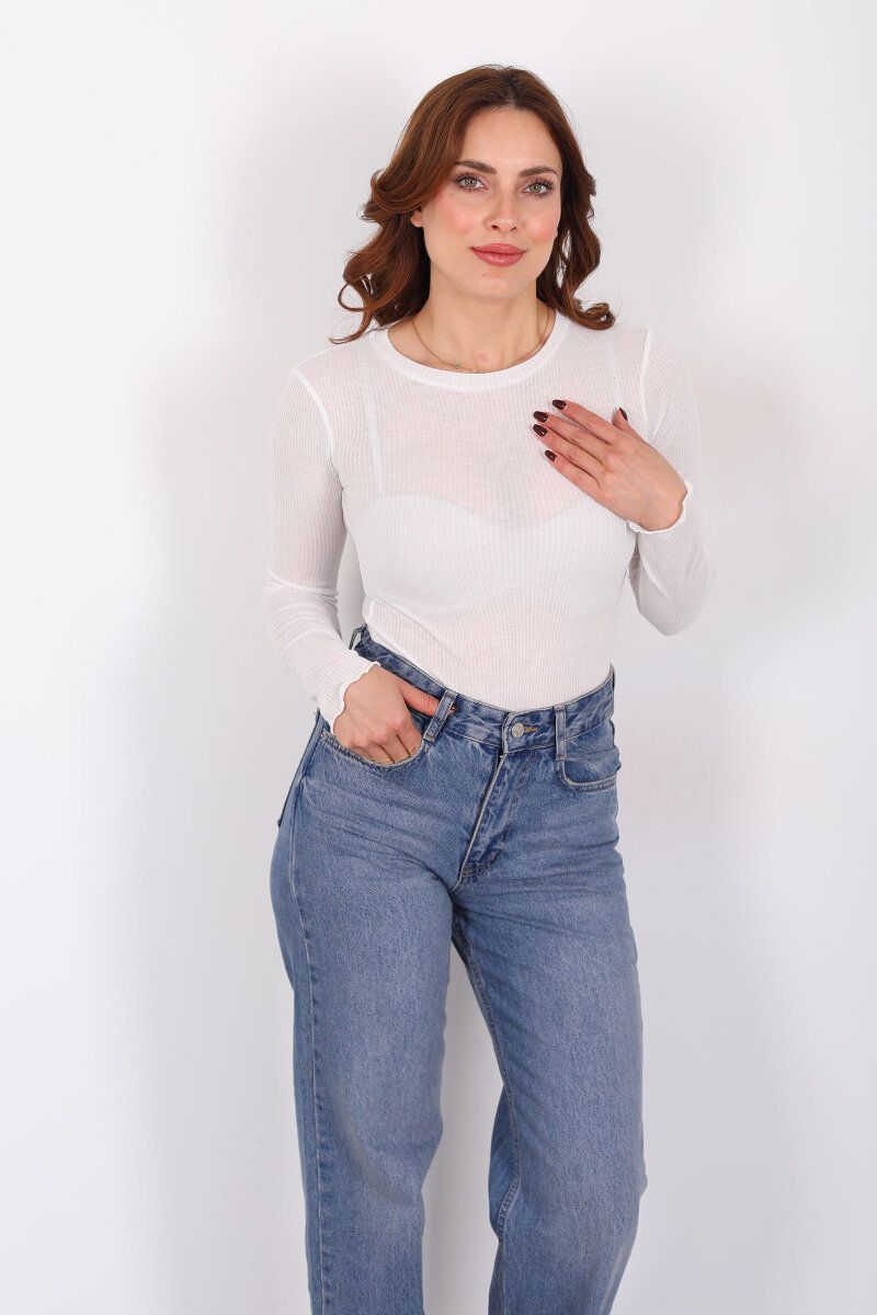 Kendinden Fitilli Beyaz Kadın Transparan Bluz - 1