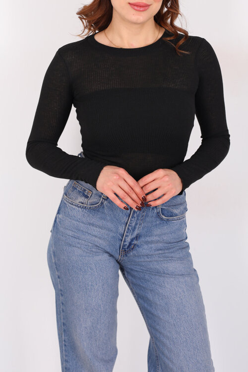 Kendinden Fitilli Siyah Kadın Transparan Bluz - Berox (1)