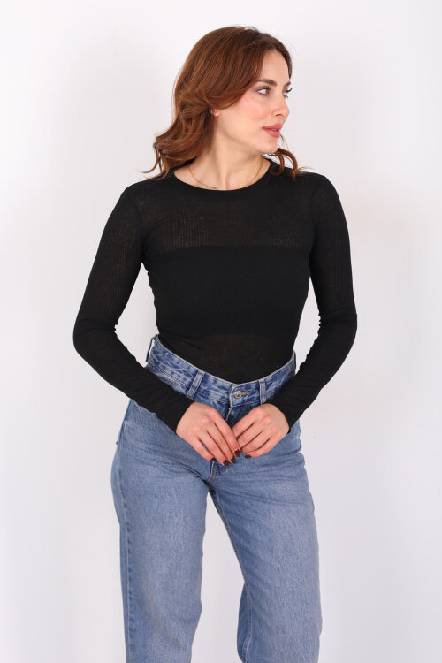 Kendinden Fitilli Siyah Kadın Transparan Bluz - Berox