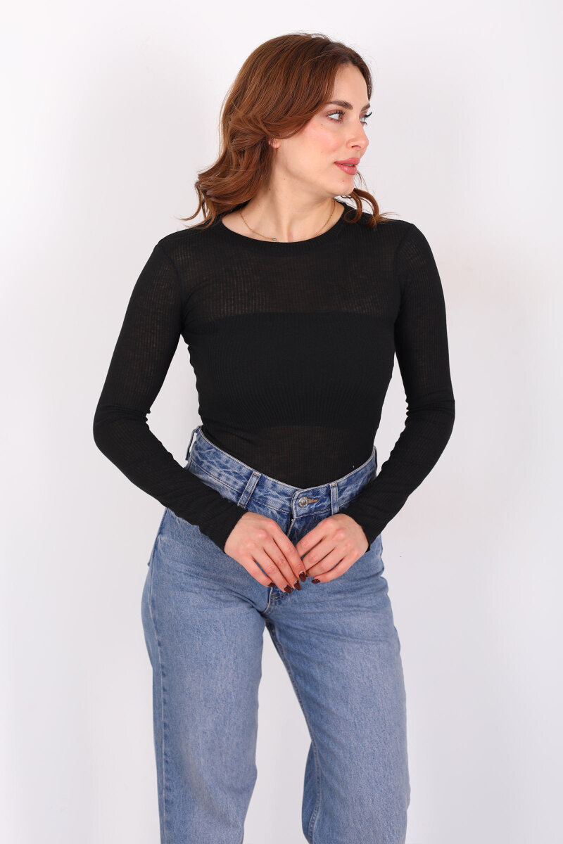 Kendinden Fitilli Siyah Kadın Transparan Bluz - 1