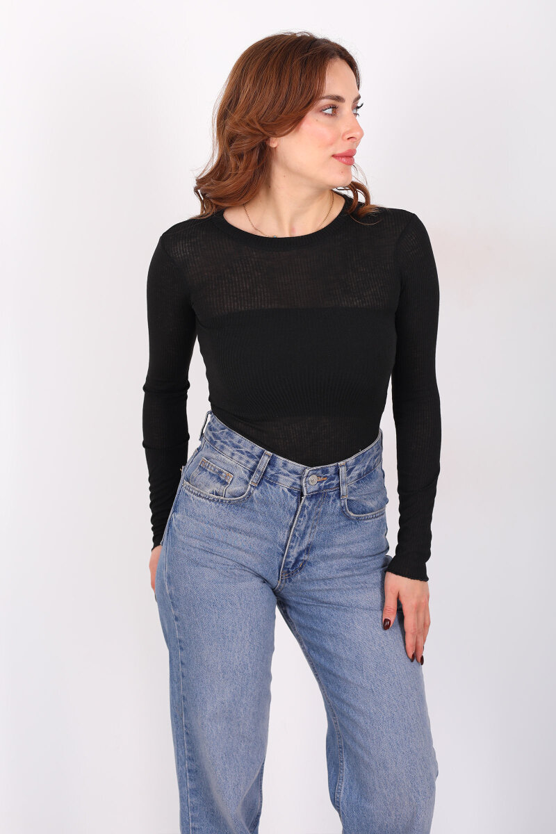 Kendinden Fitilli Siyah Kadın Transparan Bluz - 5