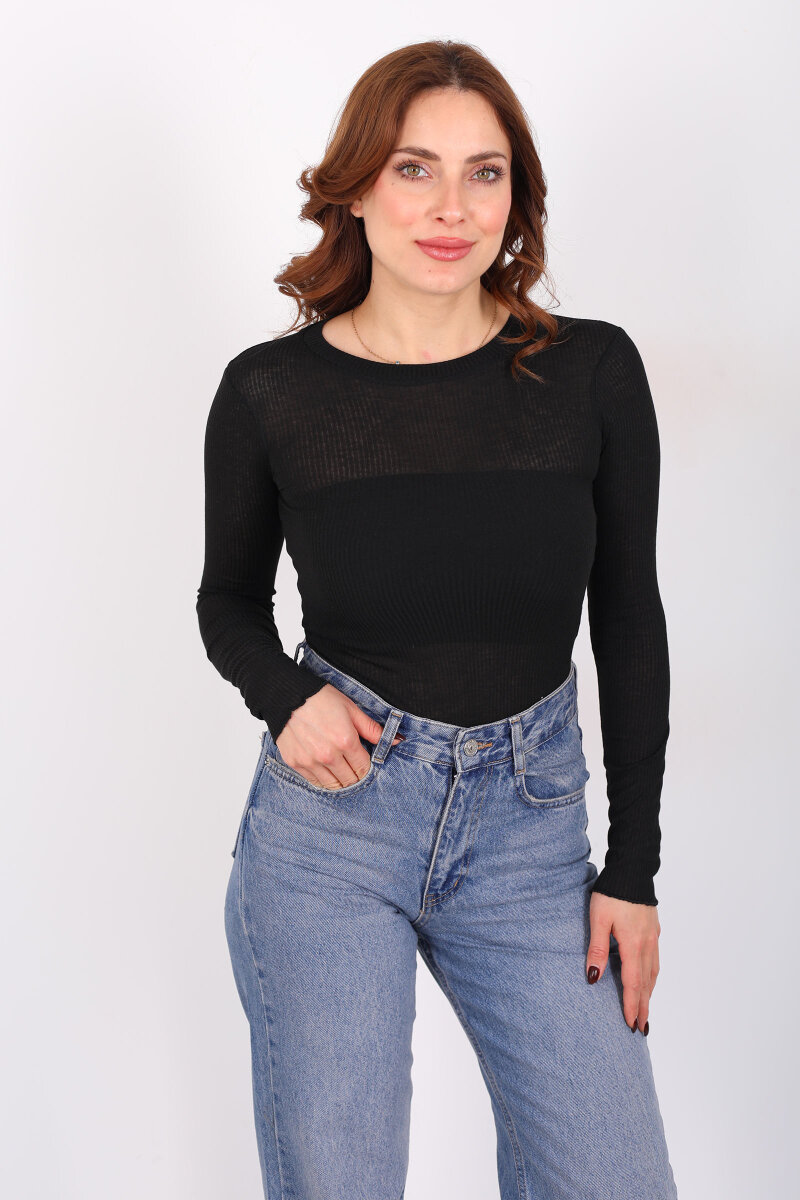 Kendinden Fitilli Siyah Kadın Transparan Bluz - 3