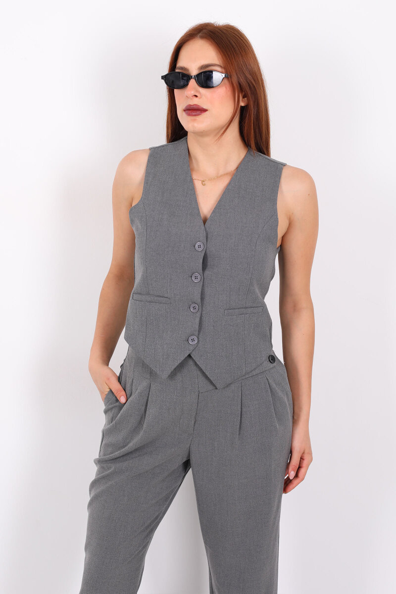 Keten Görünümlü Düğmeli Antrasit Kadın Yelek - 4